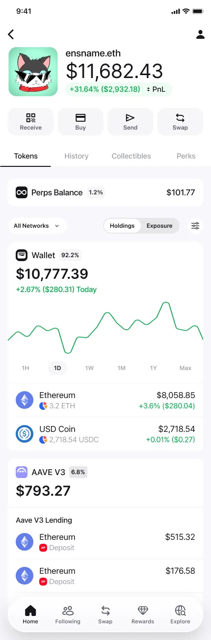 Zerion Wallet holdings grouped by protocol, showing an Aave V3 lending position with its value