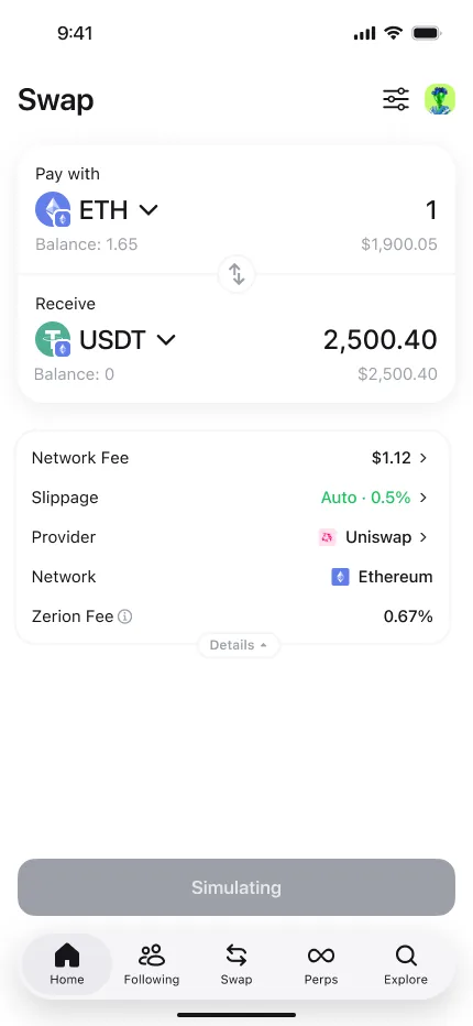 Zerion Wallet swap screen — ETH to USDT with the network fee, slippage, and routing provider shown before signing